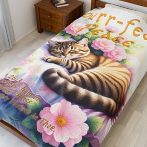 Our Beautiful "Purr-fect Peace" with a cat in blissful sleep design featuring the verse Isaiah 26:3! Inspirational Velveteen Plush Throw Blanket Faith Home Decor Bedding