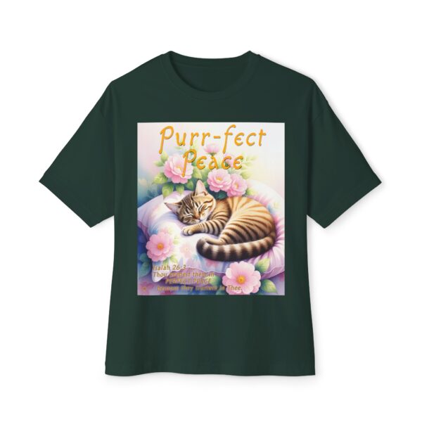 Our "Purr-fect Peace" Boxy T-Shirt with a cat in blissful sleep featuring the verse Isaiah 26:3! Inspirational Christian Faith Apparel Unisex Cotton Tee, Oversized Boxy Top T-shirt - Image 9
