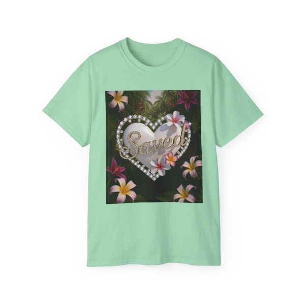 Our inspirational "Saved" 'Pure White Heart' Design! on a Christian Unisex Cotton T-Shirt, Faith Spiritual Apparel, Love Gift - Image 15