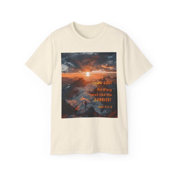 Cotton T-shirt with our inspirational "His splendor was like the sunrise" design with a quote from Habakkuk 3:3-4. Vintage Christian Faith Apparel Unisex Cotton T-Shirt, Thoughtful Quote - Image 11