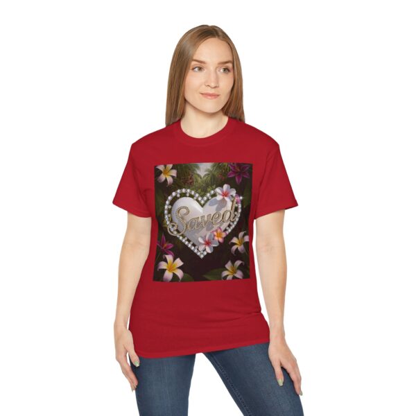 Our inspirational "Saved" 'Pure White Heart' Design! on a Christian Unisex Cotton T-Shirt, Faith Spiritual Apparel, Love Gift - Image 3