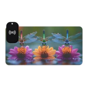 LED + Wireless Charger Gaming Mouse Pad with 'Dragonflies Three' Design, Gaming Desk Accessory, Tech Gift, Home Office Gamer Essentials