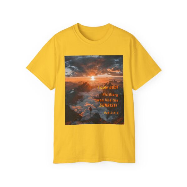 Cotton T-shirt with our inspirational "His splendor was like the sunrise" design with a quote from Habakkuk 3:3-4. Vintage Christian Faith Apparel Unisex Cotton T-Shirt, Thoughtful Quote - Image 13
