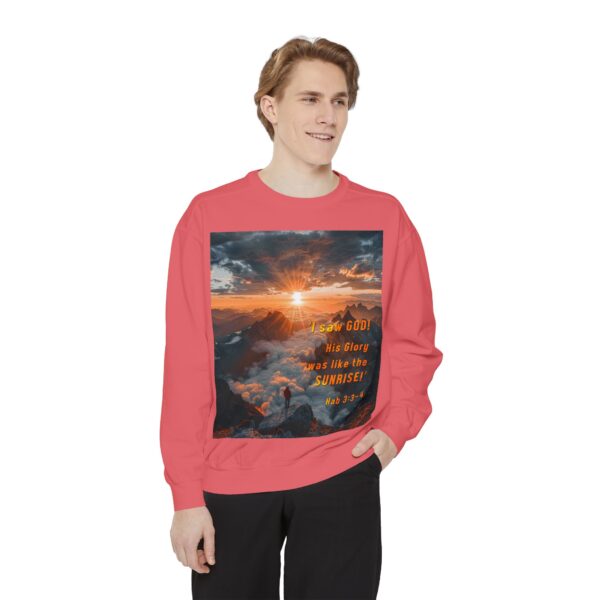 Sweatshirt Unisex our inspirational "His splendor was like the sunrise" design with a quote from Habakkuk 3:3-4! Faith Apparel Gospel Fashion Jumper, Pullover - Image 42