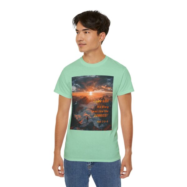 Cotton T-shirt with our inspirational "His splendor was like the sunrise" design with a quote from Habakkuk 3:3-4. Vintage Christian Faith Apparel Unisex Cotton T-Shirt, Thoughtful Quote - Image 16