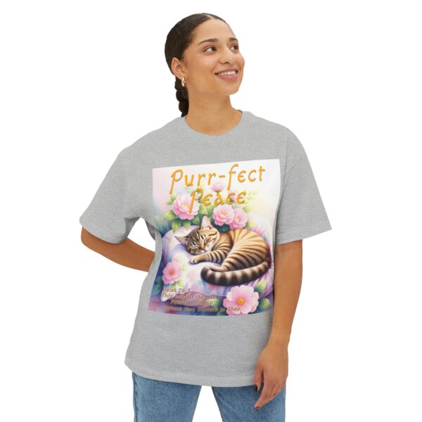 Our "Purr-fect Peace" Boxy T-Shirt with a cat in blissful sleep featuring the verse Isaiah 26:3! Inspirational Christian Faith Apparel Unisex Cotton Tee, Oversized Boxy Top T-shirt - Image 10