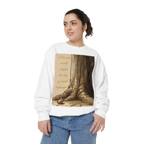 Sweatshirt Unisex with our Inspirational "Day of Small Beginnings" with thoughtful quote from Zech 4:10 and Acorn-Oak Tree design! Faith Apparel Gospel Fashion Jumper, Pullover - Image 7