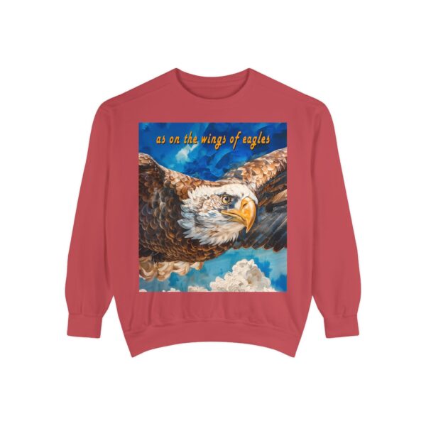 Our "as on the wings of eagles" Sweatshirt with a majestic eagle in flight. Vintage Christian Faith Apparel, Thoughtful Quote from Isaiah 40:31! Unisex Jumper, Pullover - Image 2