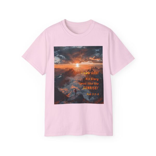 Cotton T-shirt with our inspirational "His splendor was like the sunrise" design with a quote from Habakkuk 3:3-4. Vintage Christian Faith Apparel Unisex Cotton T-Shirt, Thoughtful Quote - Image 4