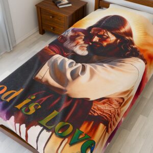 Our "God is Love" series with Jesus hugging Papa! Inspirational Velveteen Plush Throw Blanket Faith Home Decor Bedding