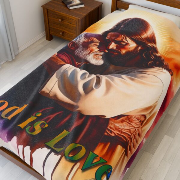 Our "God is Love" series with Jesus hugging Papa! Inspirational Velveteen Plush Throw Blanket Faith Home Decor Bedding