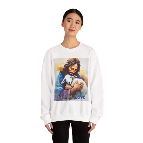Crewneck Sweatshirt with our "God is Love" series with Jesus hugging a baby lamb! Inspirational Biblical, Vintage Inspired Heavy Sweatshirt, Gift - Image 2