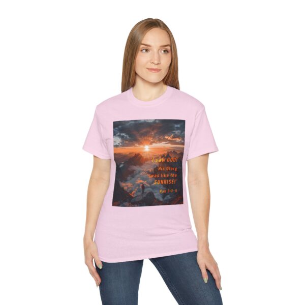 Cotton T-shirt with our inspirational "His splendor was like the sunrise" design with a quote from Habakkuk 3:3-4. Vintage Christian Faith Apparel Unisex Cotton T-Shirt, Thoughtful Quote - Image 3