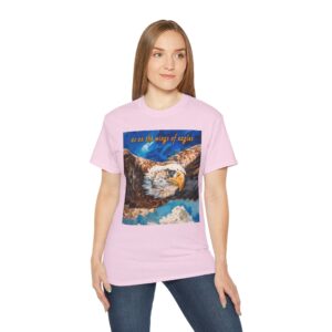 Our "as on the wings of eagles" Cotton T-Shirt with a majestic eagle in flight. Vintage Christian Faith Apparel Unisex Cotton T-Shirt, Thoughtful Quote from Isaiah 40:31!