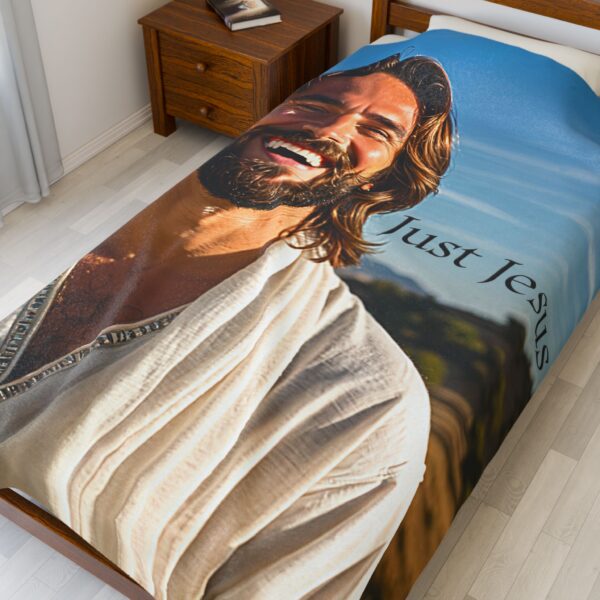 Our "Just Jesus" Design Inspirational Velveteen Plush Throw Blanket. A Cozy Gift for Anniversary, Wedding Faith Home Decor Bedding