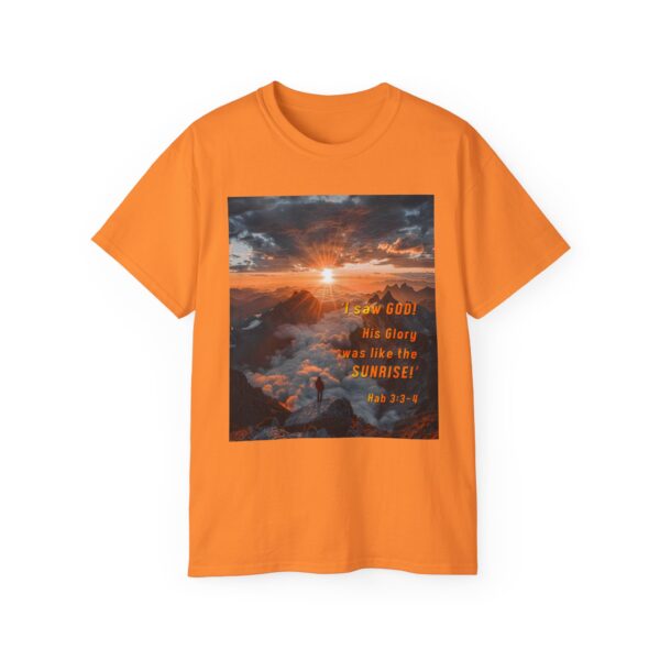 Cotton T-shirt with our inspirational "His splendor was like the sunrise" design with a quote from Habakkuk 3:3-4. Vintage Christian Faith Apparel Unisex Cotton T-Shirt, Thoughtful Quote - Image 9