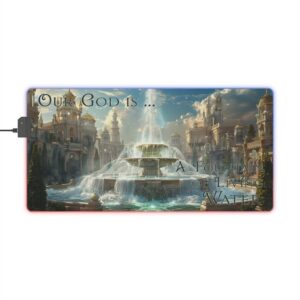 RGB LED Backlit Desk Mat, Colorful Gaming Mouse Pad with 'Our God is a Fountain of Living Water' Design, Gamer Home Office Computer Decor