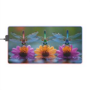 RGB LED Gaming Mouse Pad, Colorful Desk Mat with 'Dragonflies Three' Design, Gamer Home Office Decor, Computer Accessories, LED Backlit
