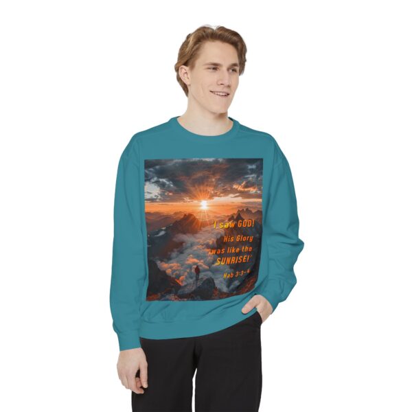 Sweatshirt Unisex our inspirational "His splendor was like the sunrise" design with a quote from Habakkuk 3:3-4! Faith Apparel Gospel Fashion Jumper, Pullover - Image 25