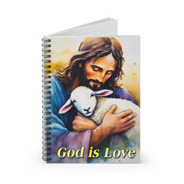 Our "God is love" series with Jesus hugging a baby lamb! Journal Spiral Notebook - Ruled Line, Perfect as a Gift or for Prayer Journaling - Image 2