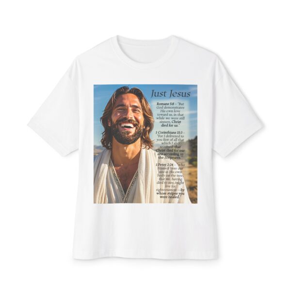 Our inspirational "Just Jesus" and Verses on Salvation Design on a Unisex Oversized Box Tshirt, Religious Graphic Top, Bible Verse Apparel - Image 2