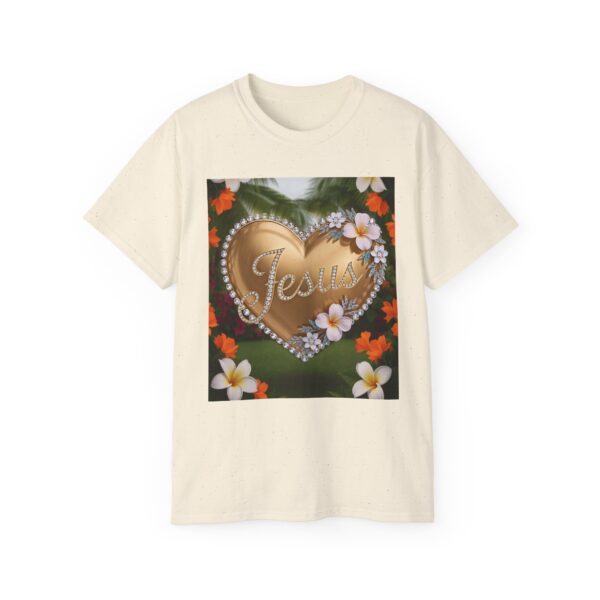 Our inspirational "Jesus" 'Diamond Ring-Solid Gold Heart' Design! on a Christian Unisex Cotton T-Shirt, Faith Spiritual Apparel, Love Gift - Image 2