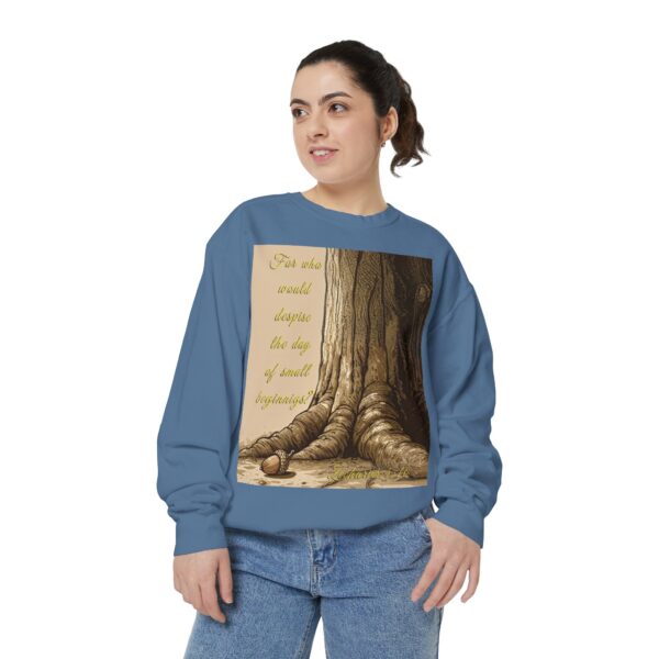 Sweatshirt Unisex with our Inspirational "Day of Small Beginnings" with thoughtful quote from Zech 4:10 and Acorn-Oak Tree design! Faith Apparel Gospel Fashion Jumper, Pullover - Image 31