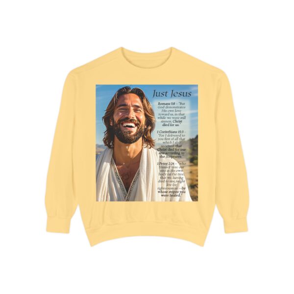 Sweatshirt Unisex with our inspirational "Just Jesus" and Verses on Salvation Design! Faith Apparel Gospel Fashion Jumper, Pullover - Image 15