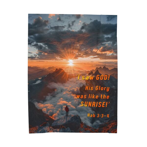 Our "God's Radiance was like the Sunrise" inspirational design with Hab 3:3-4, Velveteen Plush Throw Blanket. A Cozy Gift or Faith Home Decor Bedding - Image 2