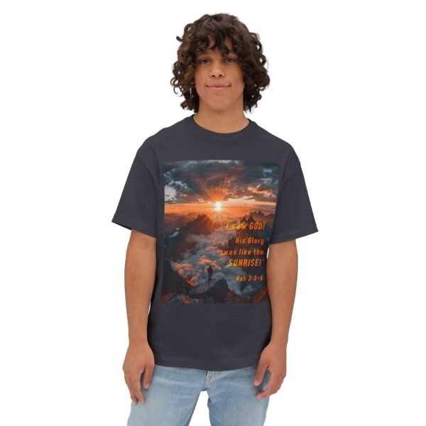 Boxy Oversized T-shirt with our inspirational "His splendor was like the sunrise" design with a quote from Habakkuk 3:3-4. Christian Faith Apparel Unisex Cotton Tee, Oversized Boxy Tshirt - Image 8