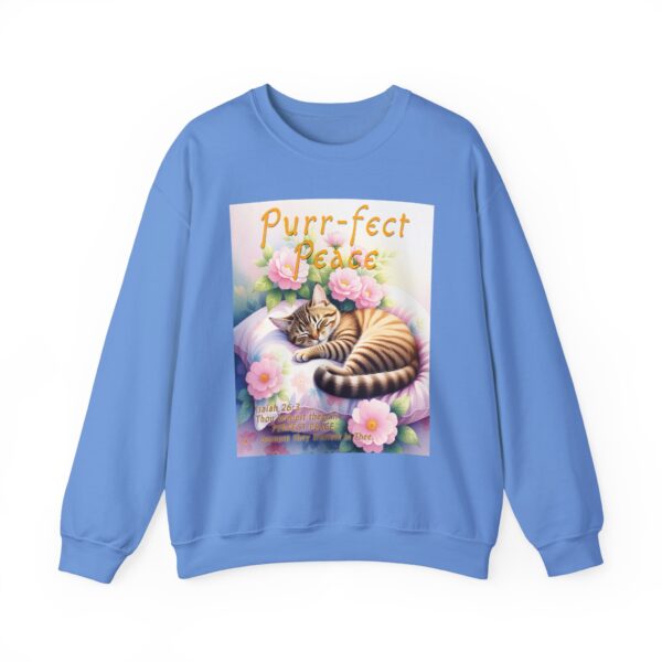 Crewneck Sweatshirt with our "Purr-fect Peace" with a cat in blissful sleep design featuring the verse Isaiah 26:3! Inspirational Biblical, Vintage Inspired, Gift - Image 26