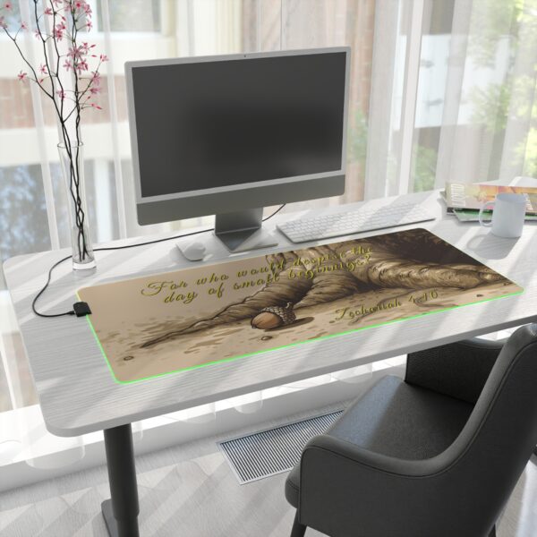 RGB LED Gaming Mouse Pad Desk Mat with our inspirational 'Day of Small Beginnings' from Zech 4:10 design. Gamer Home Office Decor, LED Backlit - Image 9