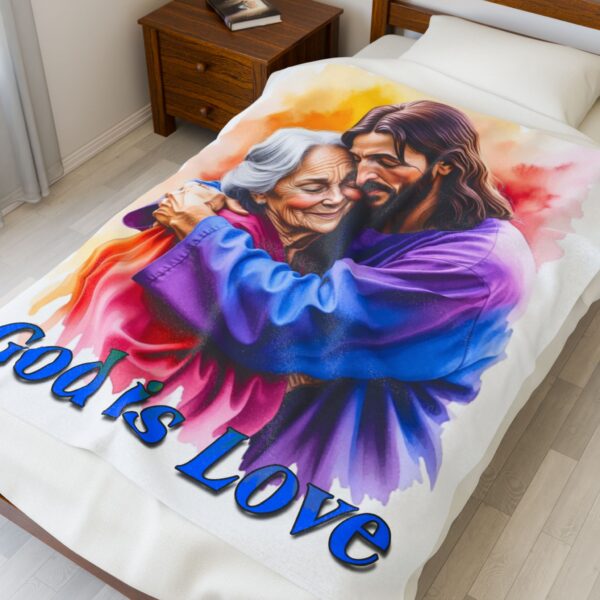 Our "God is Love" series with Jesus hugging Grandmother! Inspirational Velveteen Plush Throw Blanket A Cozy Gift for Anniversary, Wedding Faith Home Decor Bedding - Image 7