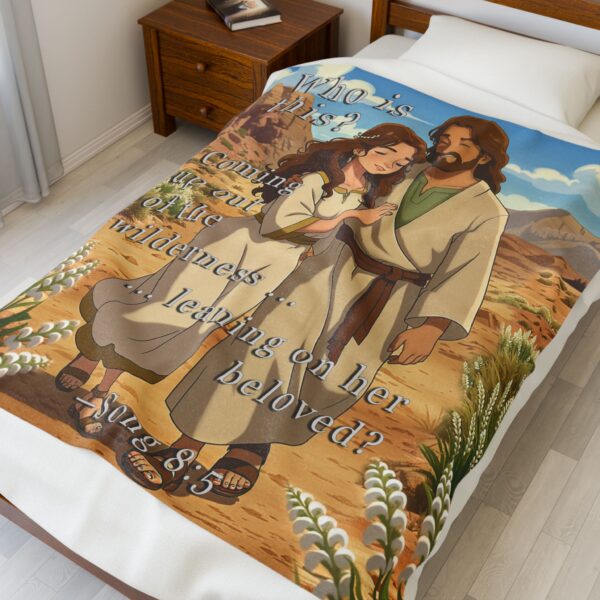 Our inspirational with our "Who is this?" from Song of Solomon 8:5 design in ANIME style! Velveteen Plush Throw Blanket Design! A Cozy Gift for Anniversary, Wedding Faith Home Decor Bedding - Image 7