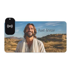 LED + Wireless Charger Gaming Mouse Pad with our inspirational "Just Jesus" Design, Gaming Desk Accessory, Tech Gift, Home Office Gamer Essentials
