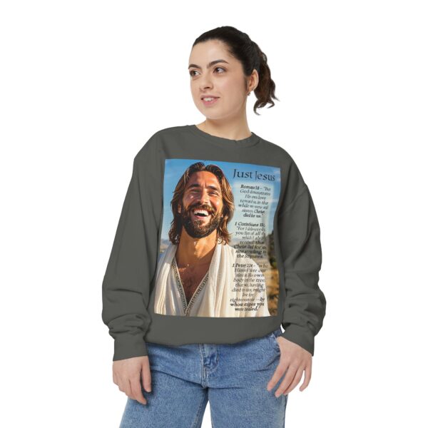 Sweatshirt Unisex with our inspirational "Just Jesus" and Verses on Salvation Design! Faith Apparel Gospel Fashion Jumper, Pullover - Image 18