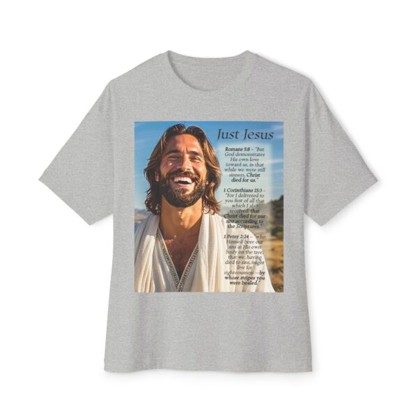 Our inspirational "Just Jesus" and Verses on Salvation Design on a Unisex Oversized Box Tshirt, Religious Graphic Top, Bible Verse Apparel - Image 15