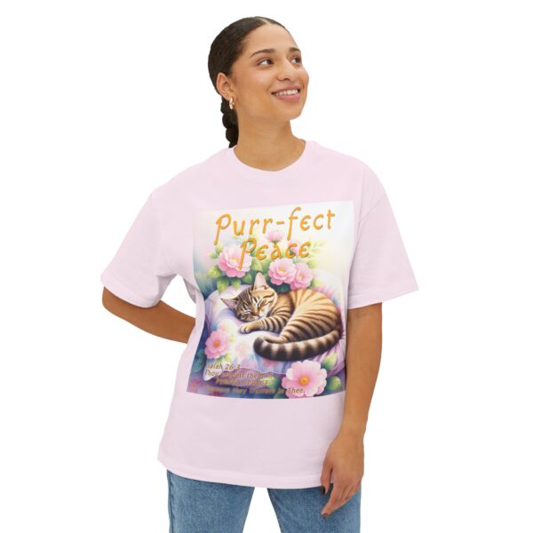 Our "Purr-fect Peace" Boxy T-Shirt with a cat in blissful sleep featuring the verse Isaiah 26:3! Inspirational Christian Faith Apparel Unisex Cotton Tee, Oversized Boxy Top T-shirt - Image 2