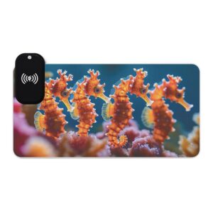 LED + Wireless Charger Gaming Mouse Pad with 'Seahorses' Design, Gaming Desk Accessory, Tech Gift, Home Office Gamer Essentials