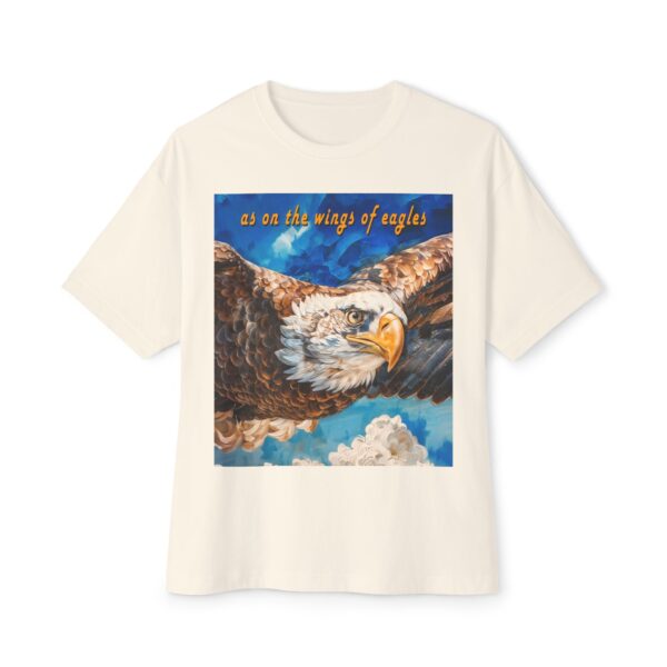 Our "as on the wings of eagles" Boxy T-Shirt with a majestic eagle in flight, Isaiah 40:31, Inspirational Christian Faith Apparel Unisex Cotton Tee, Oversized Boxy Top T-shirt - Image 6