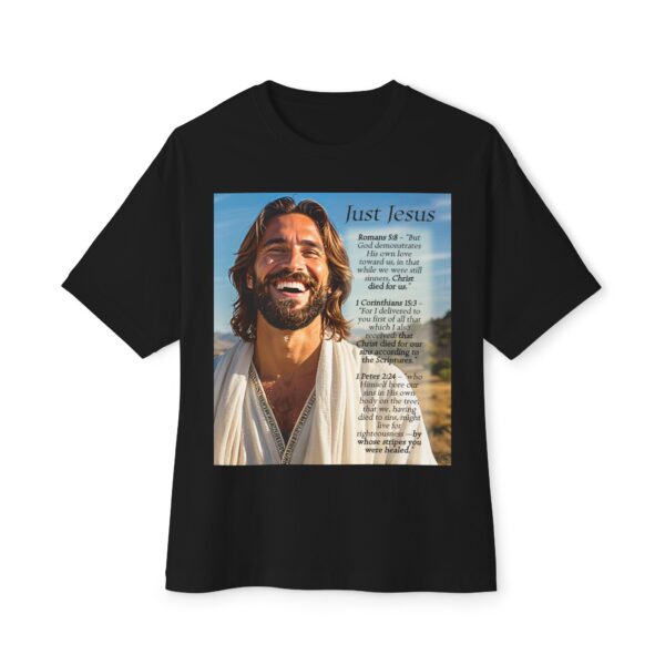 Our inspirational "Just Jesus" and Verses on Salvation Design on a Unisex Oversized Box Tshirt, Religious Graphic Top, Bible Verse Apparel - Image 5