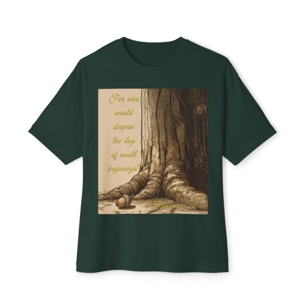 Our inspirational 'Day of Small Beginnings' with thoughtful quote from Zech 4:10 and Acorn-Oak Tree design Boxy T-Shirt, Inspirational Christian Faith Apparel Unisex Cotton Tee, Oversized Boxy Tshirt - Image 9