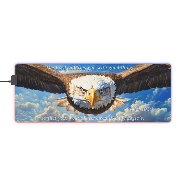RGB LED Gaming Mouse Pad Desk Mat with our inspirational 'Soaring Eagle' and Psalm 103:5 'your youth is renewed like the eagles' design. Gamer Home Office Decor, LED Backlit - Image 10