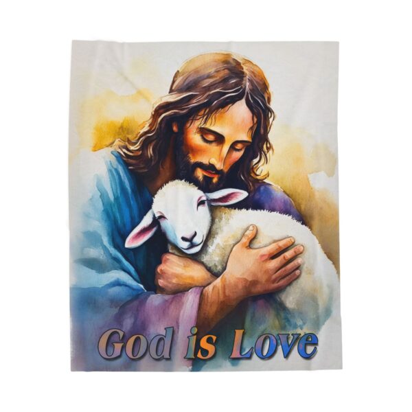 Our "God is Love" series Throw Blanket with an image of Jesus hugging a Baby Lamb! Inspirational Velveteen Plush Throw Blanket, Cozy Gift, Faith Home Decor Bedding - Image 5