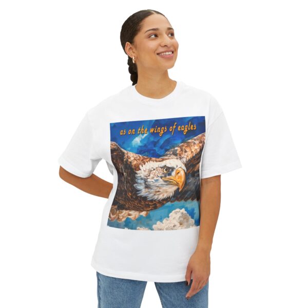 Our "as on the wings of eagles" Boxy T-Shirt with a majestic eagle in flight, Isaiah 40:31, Inspirational Christian Faith Apparel Unisex Cotton Tee, Oversized Boxy Top T-shirt - Image 4