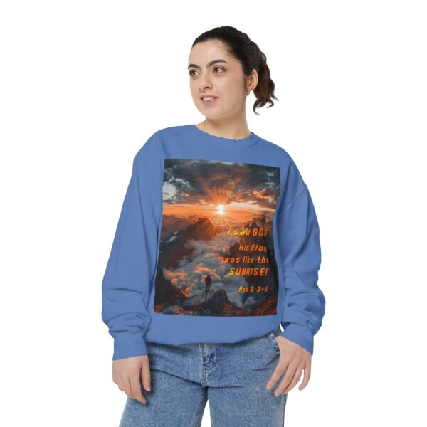 Sweatshirt Unisex our inspirational "His splendor was like the sunrise" design with a quote from Habakkuk 3:3-4! Faith Apparel Gospel Fashion Jumper, Pullover - Image 31