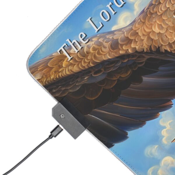 RGB LED Gaming Mouse Pad Desk Mat with our inspirational 'Soaring Eagle' and Psalm 103:5 'your youth is renewed like the eagles' design. Gamer Home Office Decor, LED Backlit - Image 8