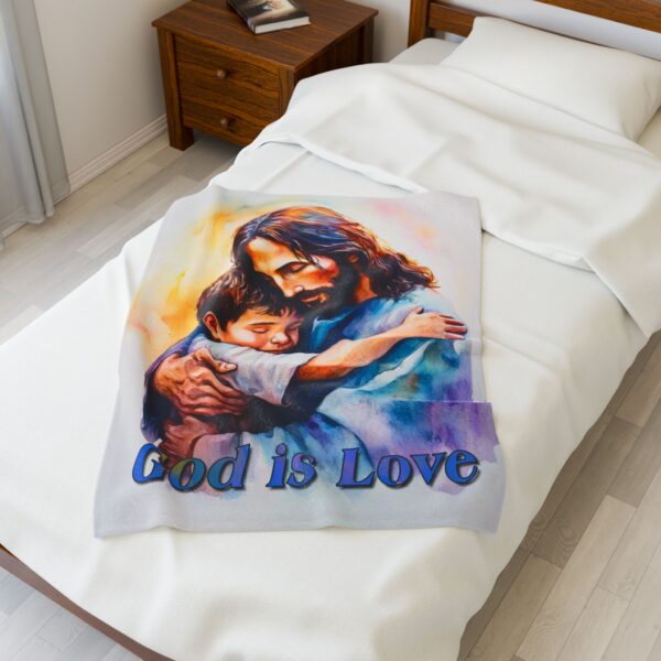 Our "God is Love" series with Jesus hugging a little boy! Inspirational Velveteen Plush Throw Blanket. Cozy Faith Home Decor Bedding - Image 6