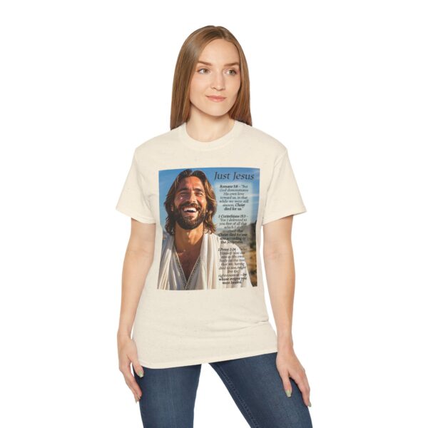 Our inspirational "Just Jesus" and Verses on Salvation Design on a Christian Unisex Cotton T-Shirt, Faith Spiritual Apparel, Love Gift