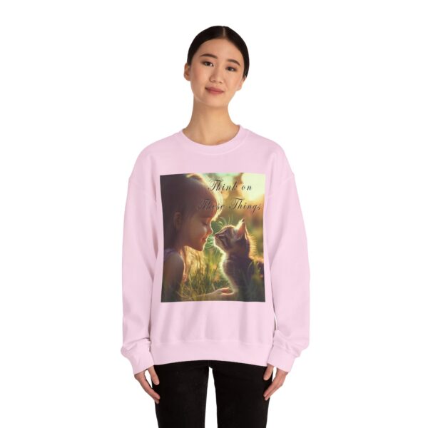Crewneck Sweatshirt-with our 'Kitten Kisses' "Think on these things" Inspirational Vintage Christian Faith Apparel Gospel Sweatshirt Unisx Heavy